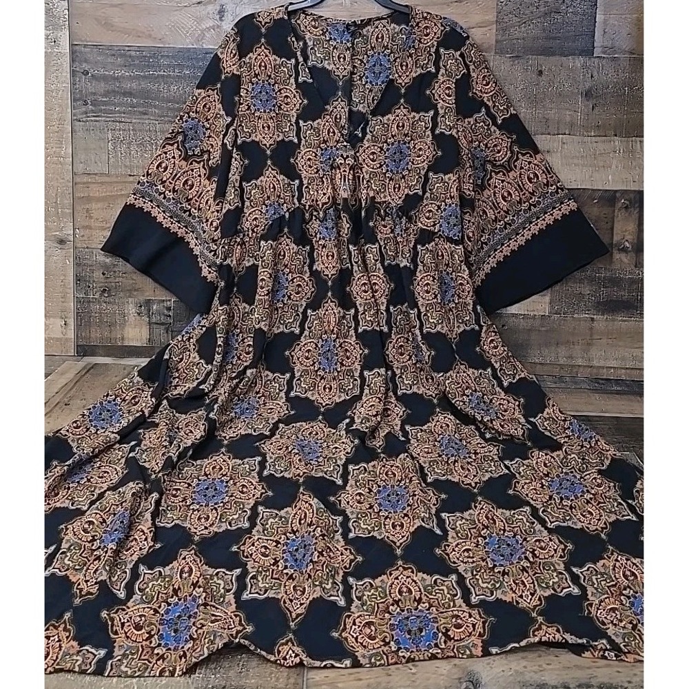 Women Boho Midi Dress 1X High Waist Bell Sleeves Praire Fairygoth Hippie Retro